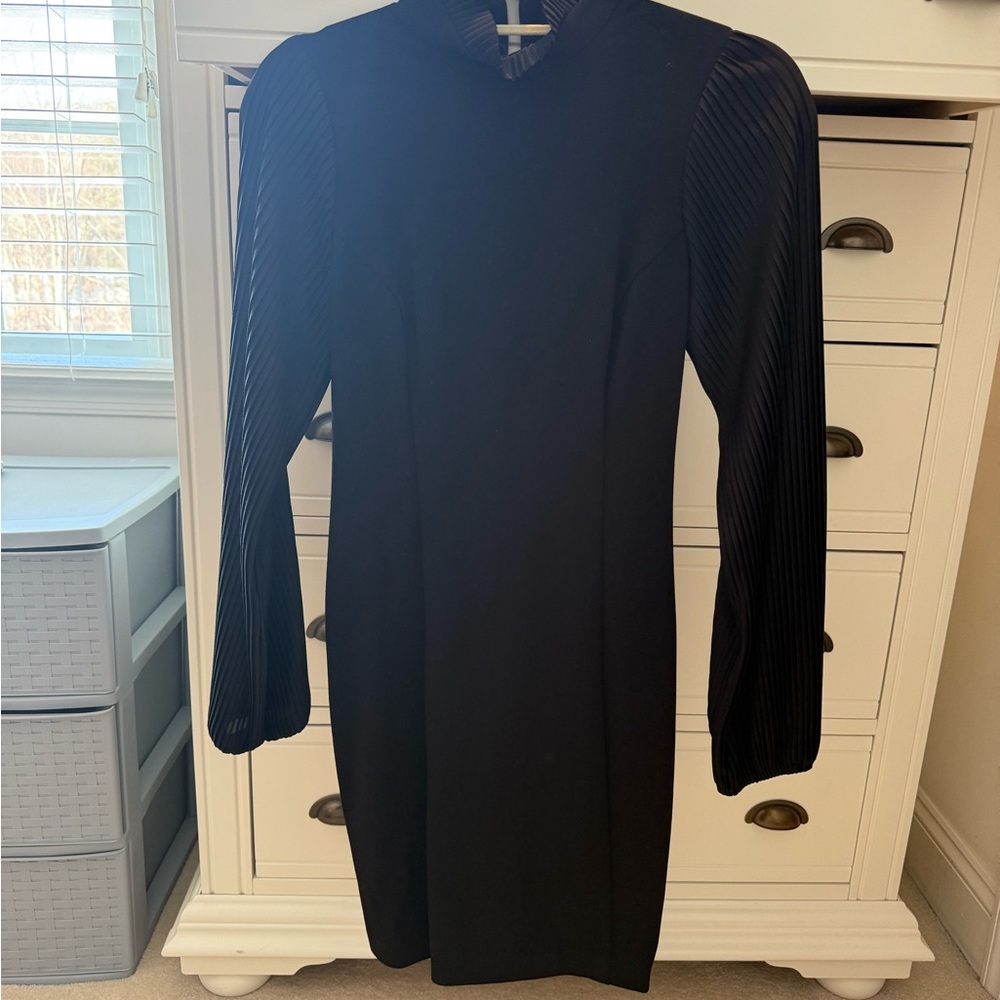 DREW Black Mini Dress with Textured Sleeves